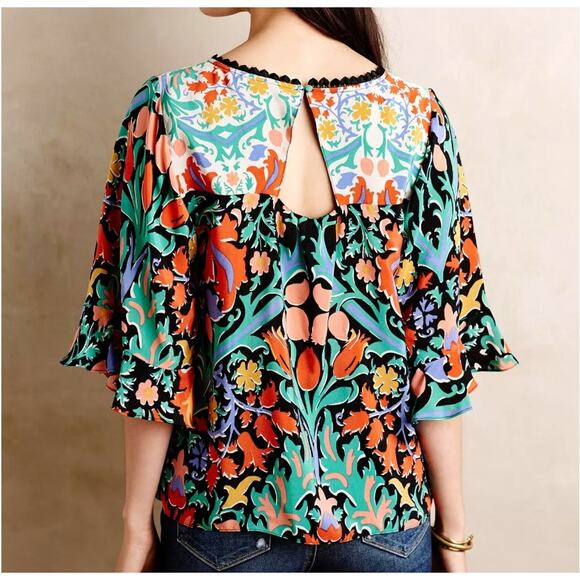 Anthropologie MAEVE Silk Folkart Blouse 4 Kimono Sleeve Floral Mixed Print Boho - Picture 6 of 11